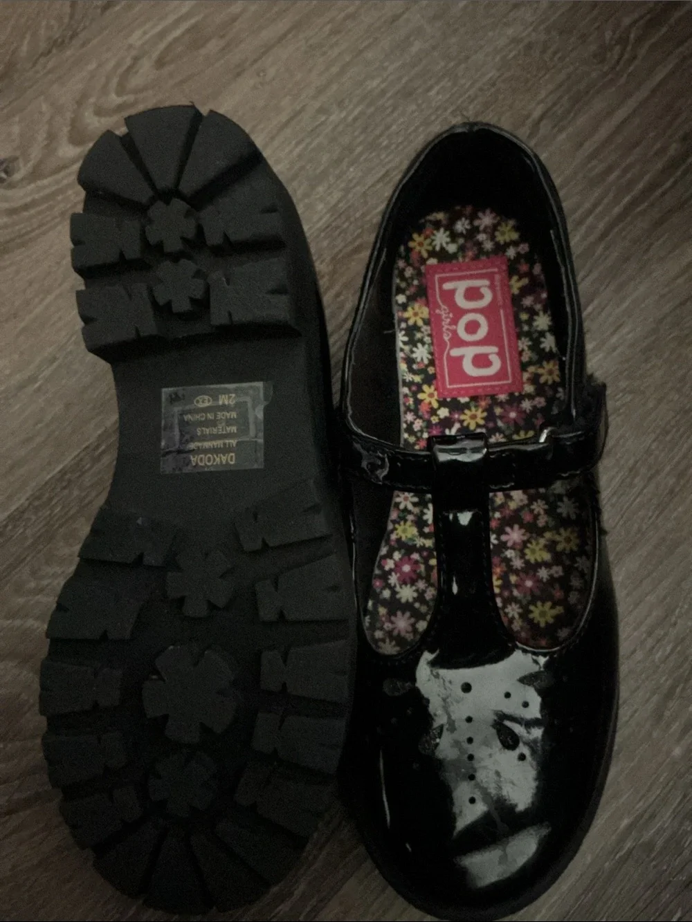 pop Black Patent T-Strap Girls Dress Shoes with Floral Insole